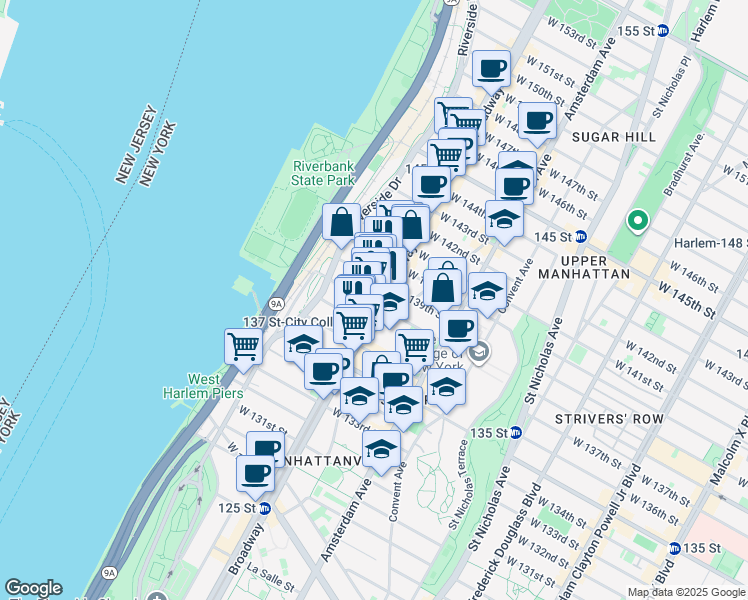 map of restaurants, bars, coffee shops, grocery stores, and more near 611 West 138th Street in New York
