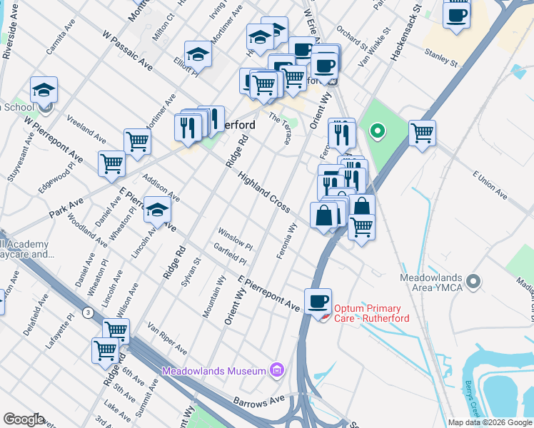 map of restaurants, bars, coffee shops, grocery stores, and more near 160 Orient Way in Rutherford