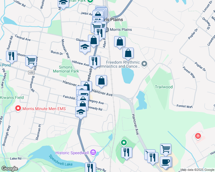 map of restaurants, bars, coffee shops, grocery stores, and more near 1321 The Buckley Way in Morris Plains