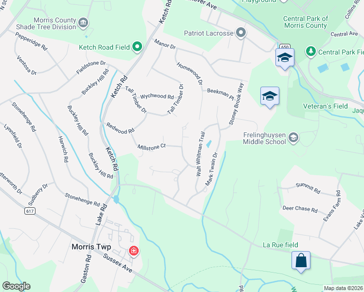 map of restaurants, bars, coffee shops, grocery stores, and more near 12 Hawthorne Court in Morristown