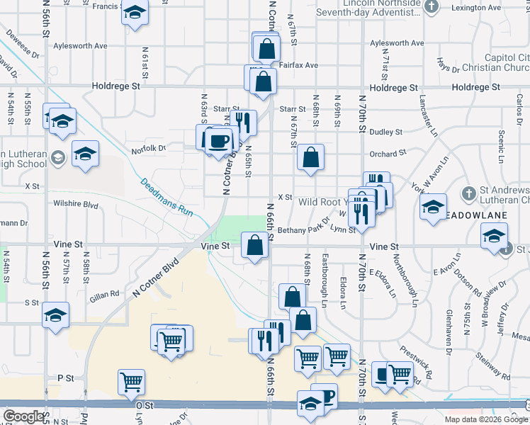 map of restaurants, bars, coffee shops, grocery stores, and more near 932 North 65th Street in Lincoln