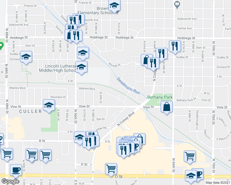 map of restaurants, bars, coffee shops, grocery stores, and more near 6100 Vine Street in Lincoln