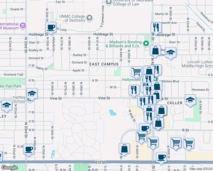map of restaurants, bars, coffee shops, grocery stores, and more near 4231 X Street in Lincoln