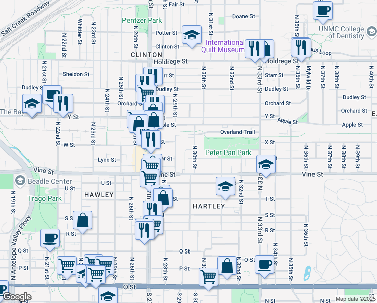map of restaurants, bars, coffee shops, grocery stores, and more near 922 North 29th Street in Lincoln