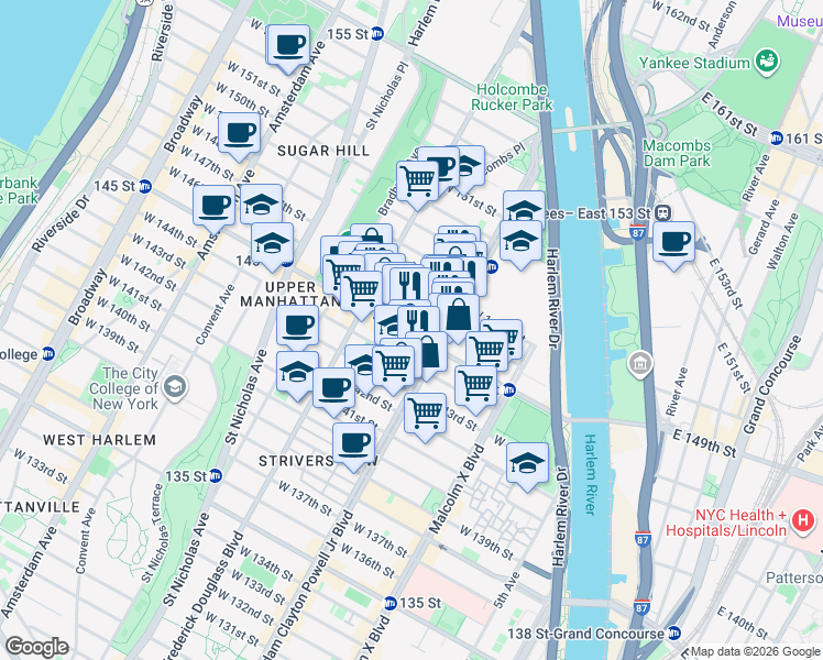 map of restaurants, bars, coffee shops, grocery stores, and more near 215 West 145th Street in New York