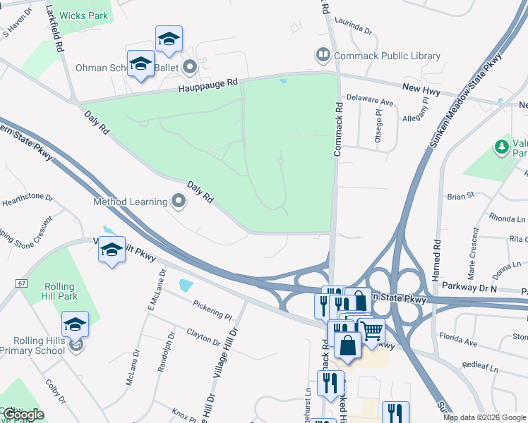 map of restaurants, bars, coffee shops, grocery stores, and more near 38 Hamlet Drive in Commack