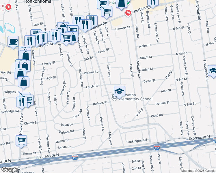 map of restaurants, bars, coffee shops, grocery stores, and more near 1 Avenue J in Lake Ronkonkoma