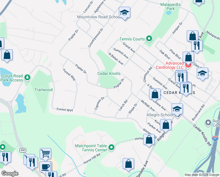 map of restaurants, bars, coffee shops, grocery stores, and more near 70 Countrywood Drive in Morris Plains