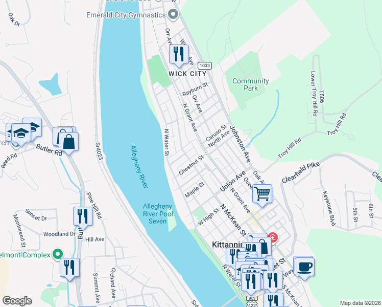map of restaurants, bars, coffee shops, grocery stores, and more near 135 Hazel Street in Kittanning