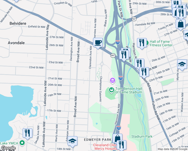 map of restaurants, bars, coffee shops, grocery stores, and more near 2132 Clearview Avenue Northwest in Canton