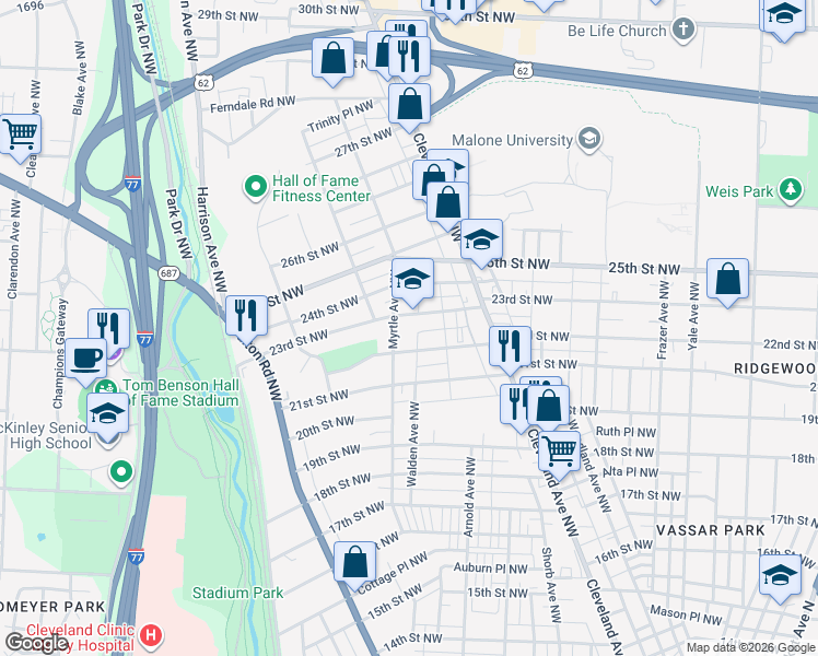 map of restaurants, bars, coffee shops, grocery stores, and more near 1340 23rd Street Northwest in Canton