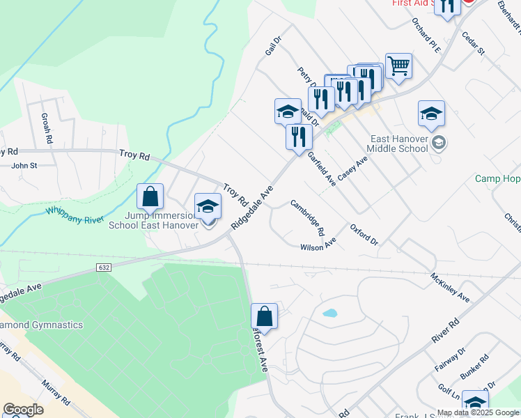 map of restaurants, bars, coffee shops, grocery stores, and more near 349 Ridgedale Avenue in East Hanover