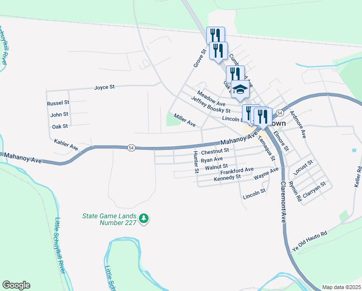map of restaurants, bars, coffee shops, grocery stores, and more near 80 Mahanoy Avenue in Tamaqua