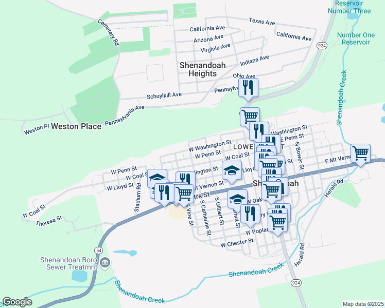 map of restaurants, bars, coffee shops, grocery stores, and more near 225 North Catherine Street in Shenandoah