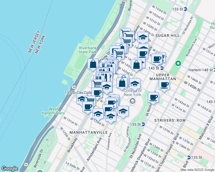 map of restaurants, bars, coffee shops, grocery stores, and more near 3410 Broadway in New York