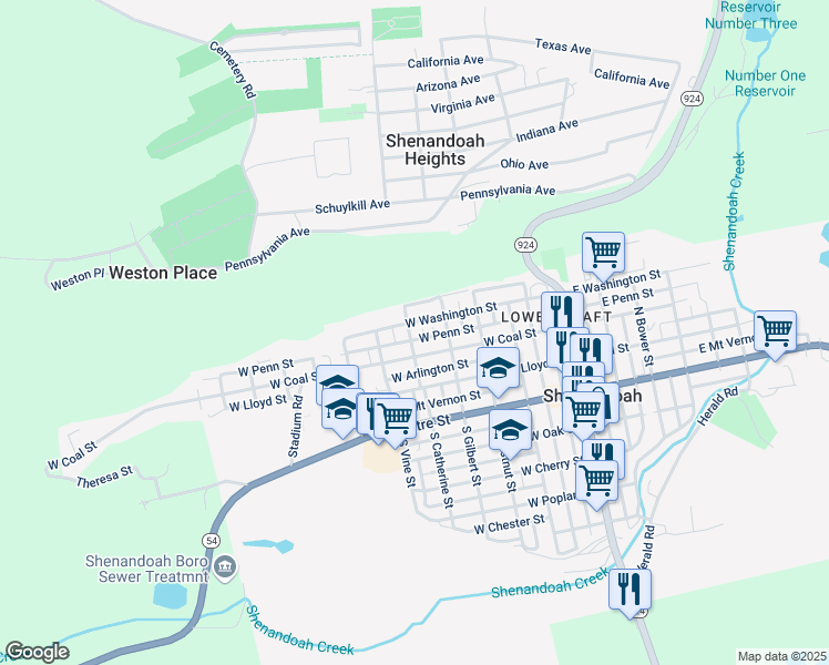 map of restaurants, bars, coffee shops, grocery stores, and more near 225 North Catherine Street in Shenandoah