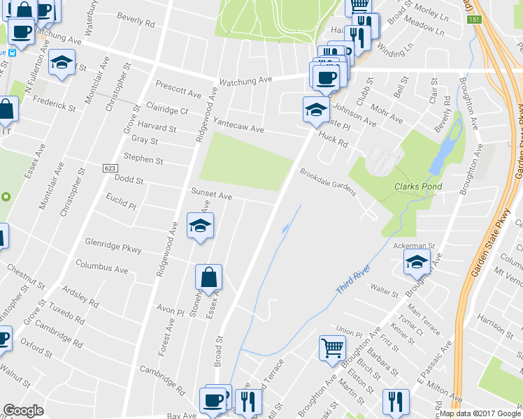 map of restaurants, bars, coffee shops, grocery stores, and more near 16 Sunset Avenue in Bloomfield
