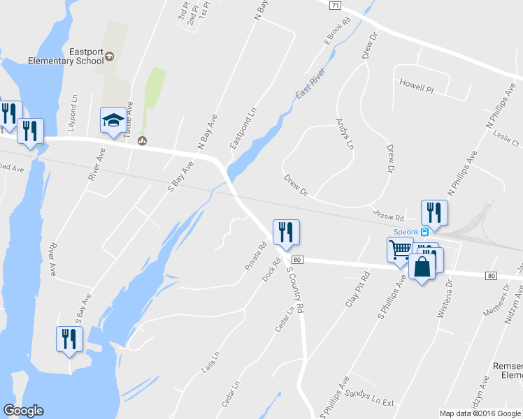 map of restaurants, bars, coffee shops, grocery stores, and more near 344 Montauk Highway in Eastport