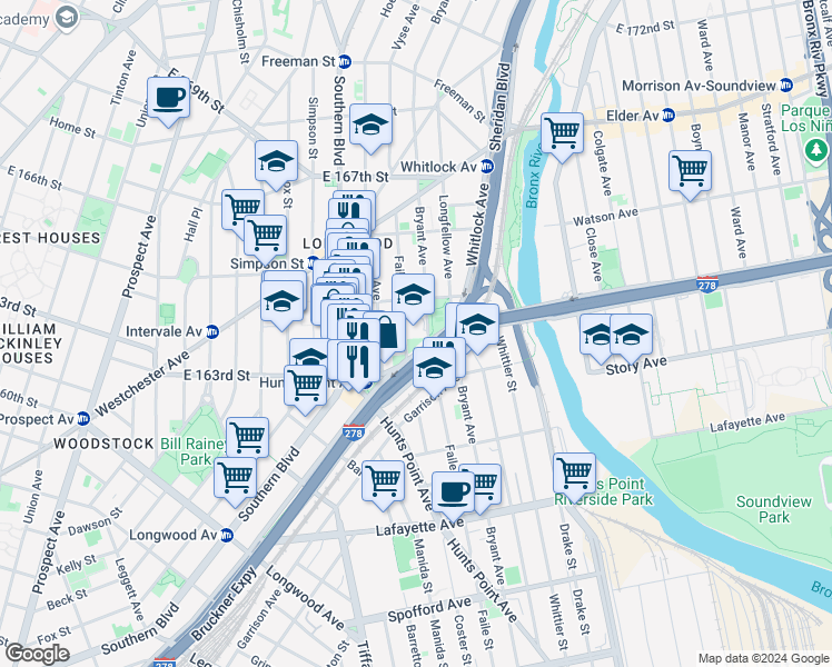 map of restaurants, bars, coffee shops, grocery stores, and more near 984 Faile Street in The Bronx
