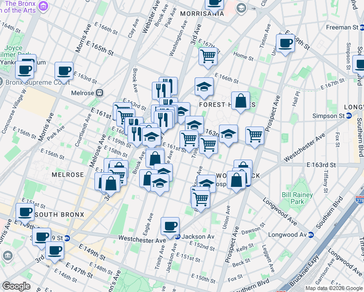 map of restaurants, bars, coffee shops, grocery stores, and more near 902 Eagle Avenue in Bronx