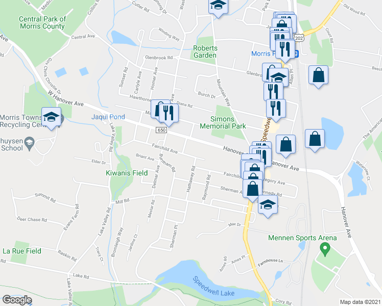 map of restaurants, bars, coffee shops, grocery stores, and more near 69 Fairchild Avenue in Morris Plains