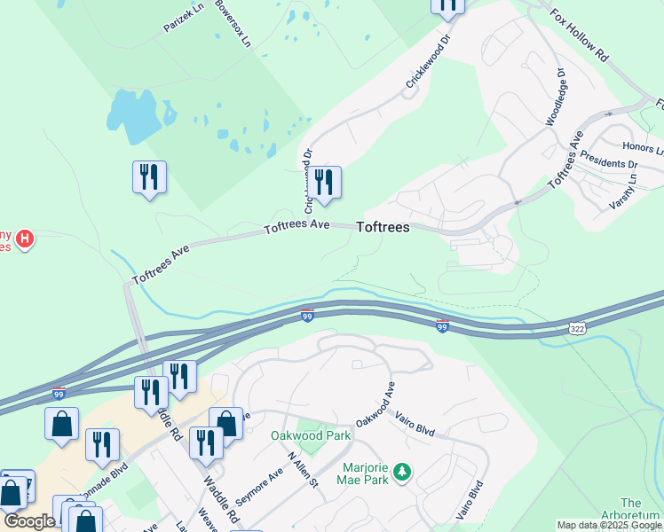 map of restaurants, bars, coffee shops, grocery stores, and more near 520 Toftrees Avenue in State College