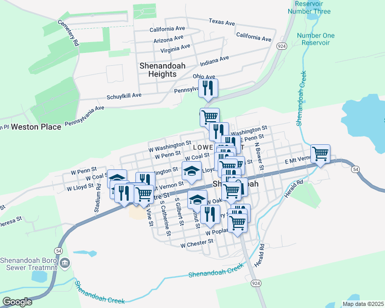 map of restaurants, bars, coffee shops, grocery stores, and more near 217 West Coal Street in Shenandoah
