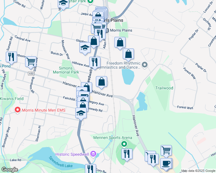 map of restaurants, bars, coffee shops, grocery stores, and more near 1321 The Buckley Way in Morris Plains