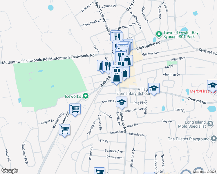 map of restaurants, bars, coffee shops, grocery stores, and more near 43 Willis Avenue in Syosset