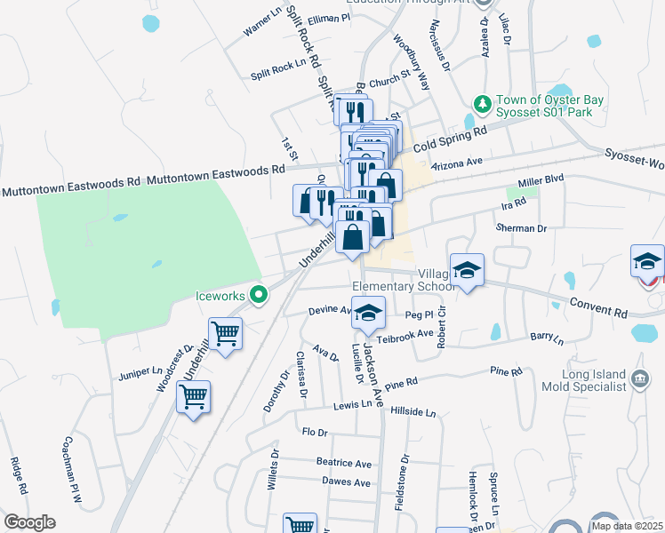 map of restaurants, bars, coffee shops, grocery stores, and more near 35 Willis Avenue in Syosset
