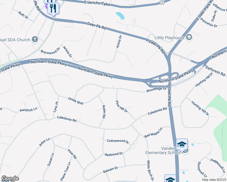 map of restaurants, bars, coffee shops, grocery stores, and more near 26 Woodedge Drive in Dix Hills
