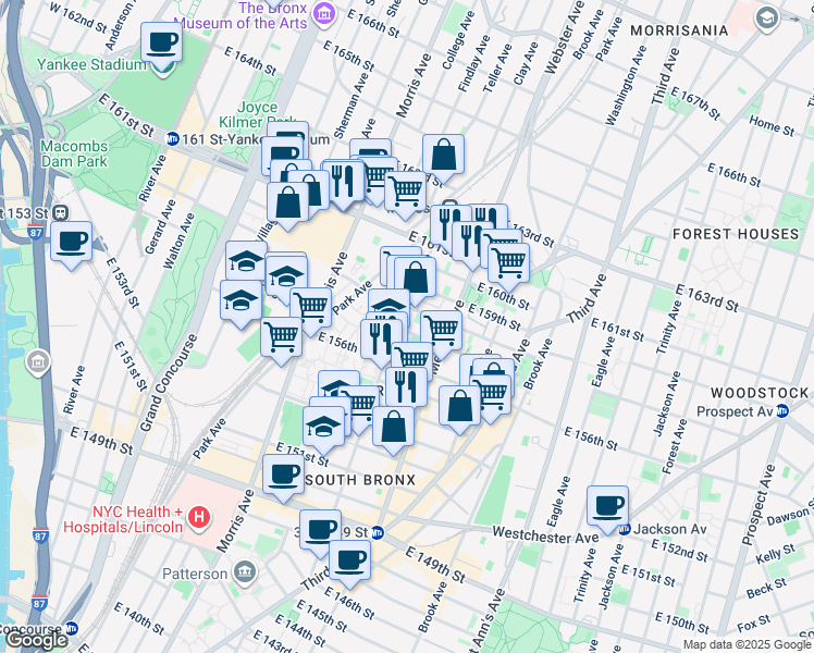 map of restaurants, bars, coffee shops, grocery stores, and more near 785 Courtlandt Avenue in Bronx