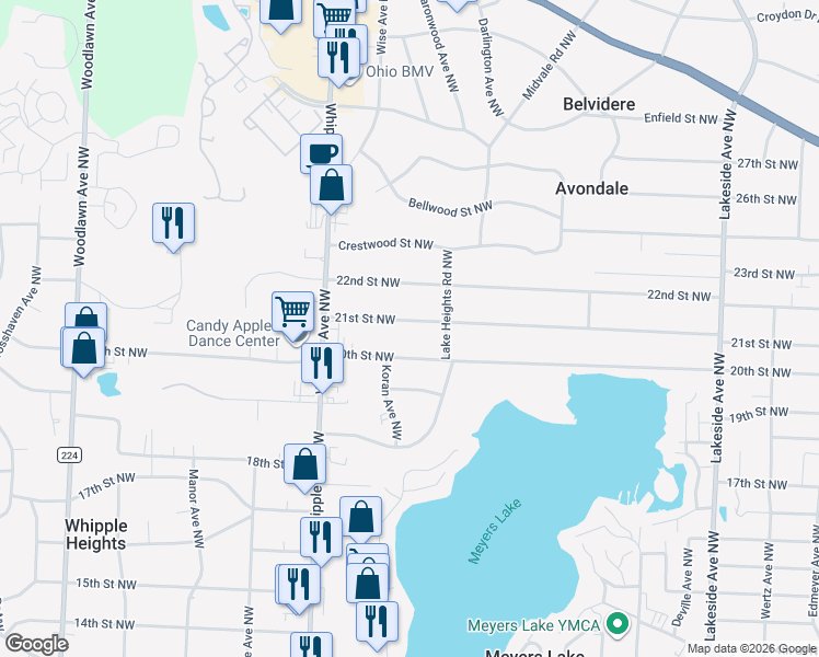 map of restaurants, bars, coffee shops, grocery stores, and more near 4118 21st Street Northwest in Canton