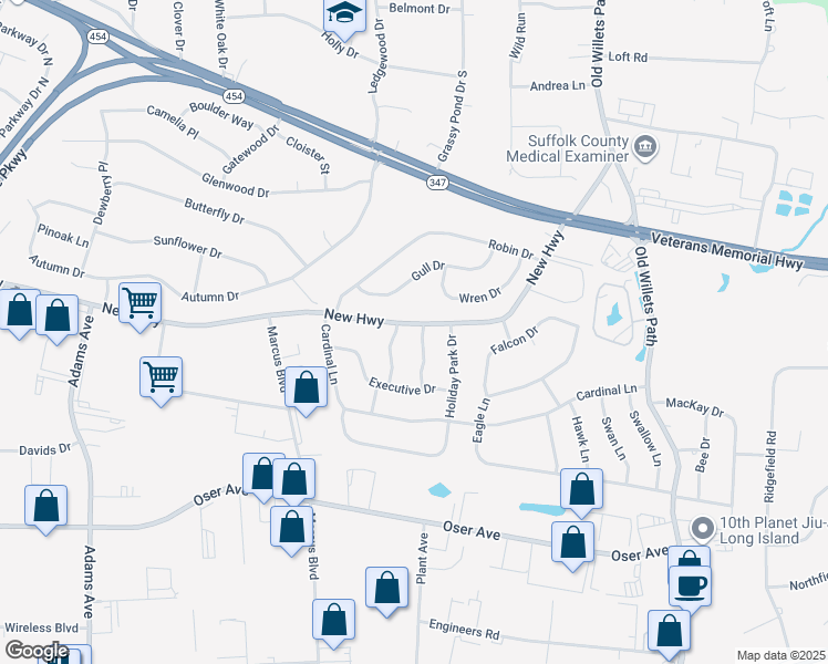 map of restaurants, bars, coffee shops, grocery stores, and more near 2 Leeland Drive in Hauppauge