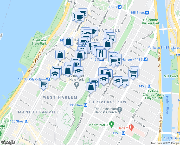 map of restaurants, bars, coffee shops, grocery stores, and more near 19 Hamilton Terrace in New York
