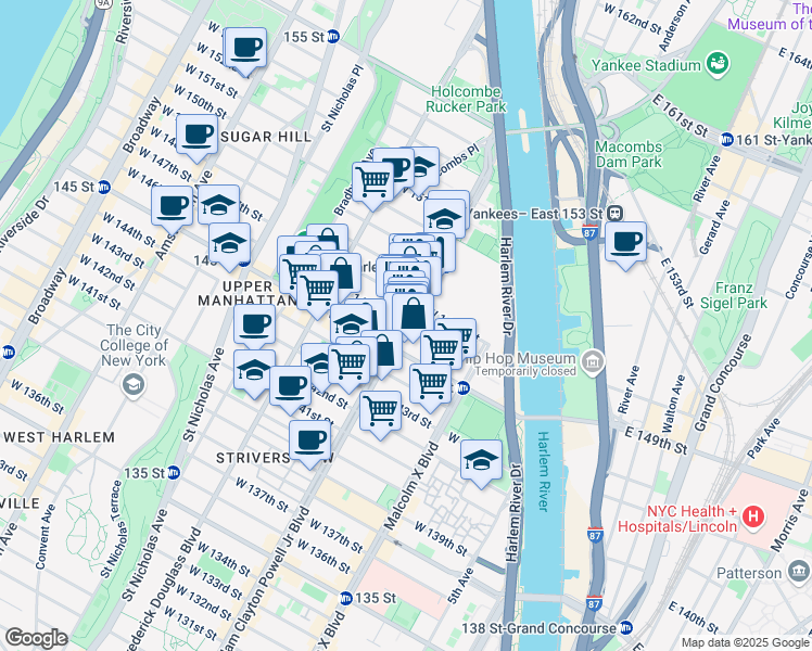 map of restaurants, bars, coffee shops, grocery stores, and more near Adam Clayton Powell Jr Blvd & W 146th St in New York
