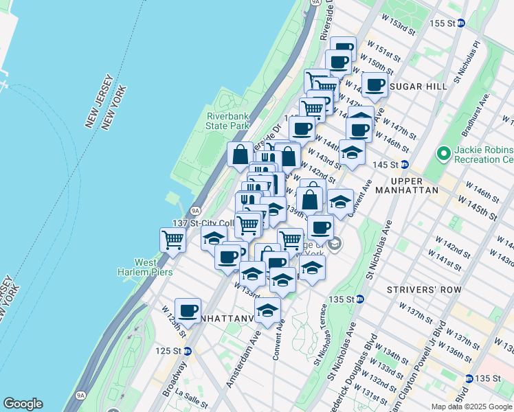 map of restaurants, bars, coffee shops, grocery stores, and more near 611 West 138th Street in New York