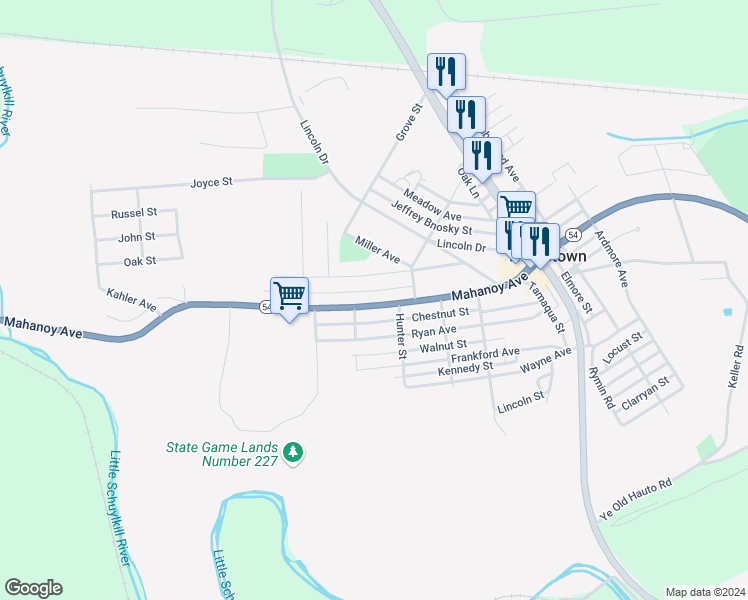 map of restaurants, bars, coffee shops, grocery stores, and more near 80 Mahanoy Avenue in Tamaqua