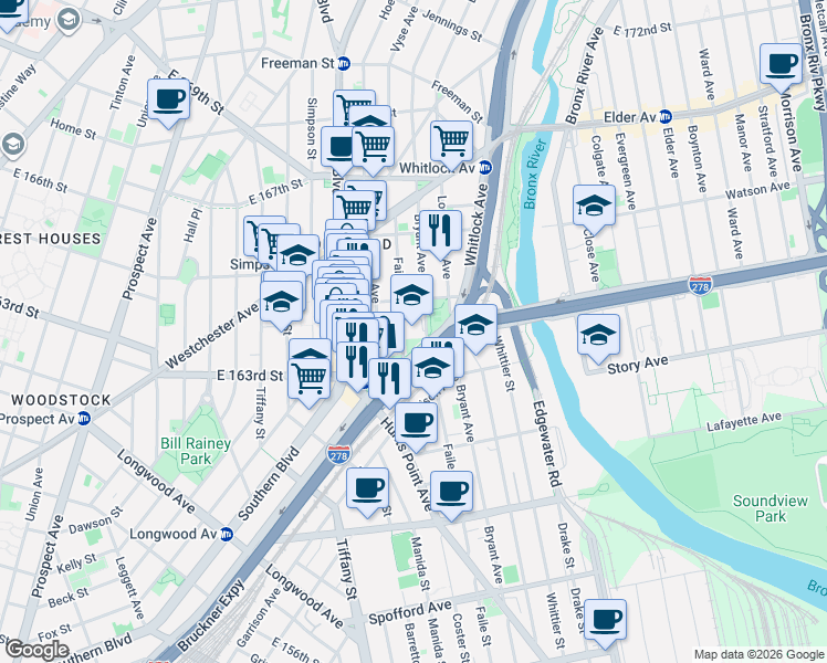 map of restaurants, bars, coffee shops, grocery stores, and more near 984 Faile Street in Bronx