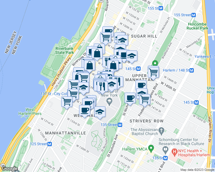 map of restaurants, bars, coffee shops, grocery stores, and more near 1625 Amsterdam Avenue in New York