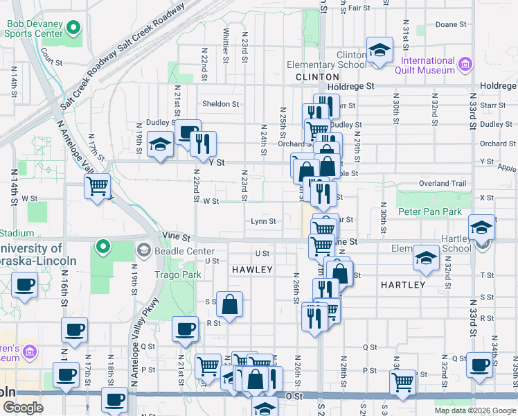 map of restaurants, bars, coffee shops, grocery stores, and more near 2335 W Street in Lincoln