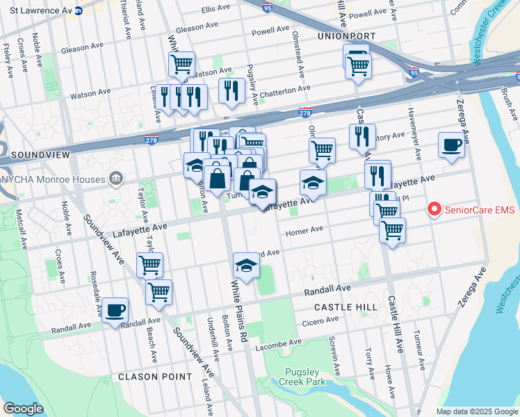 map of restaurants, bars, coffee shops, grocery stores, and more near 1980 Lafayette Avenue in The Bronx