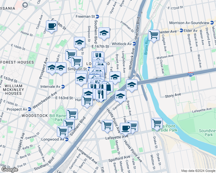 map of restaurants, bars, coffee shops, grocery stores, and more near 954 Hoe Avenue in Bronx