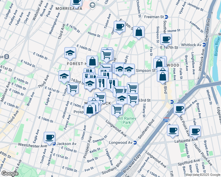 map of restaurants, bars, coffee shops, grocery stores, and more near in The Bronx
