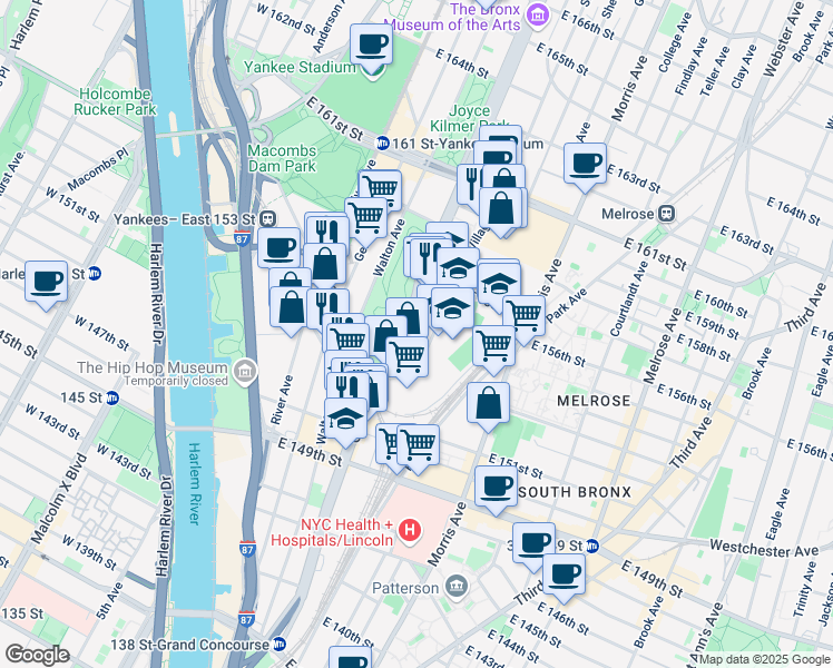 map of restaurants, bars, coffee shops, grocery stores, and more near 740 Grand Concourse in Bronx