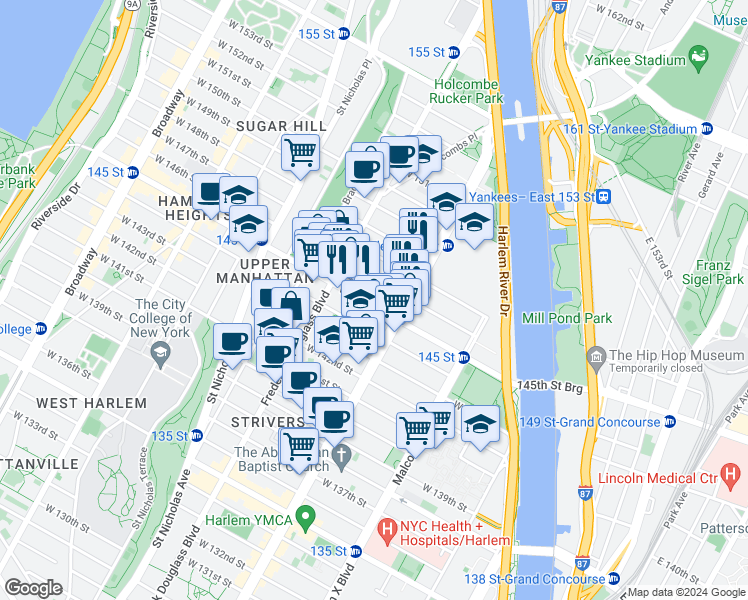 map of restaurants, bars, coffee shops, grocery stores, and more near 206 West 146th Street in New York