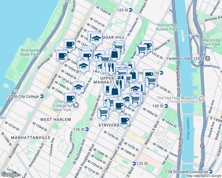 map of restaurants, bars, coffee shops, grocery stores, and more near 27 Bradhurst Avenue in New York