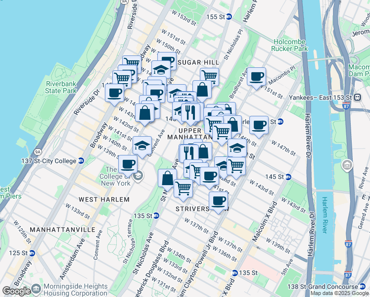 map of restaurants, bars, coffee shops, grocery stores, and more near 655 Saint Nicholas Avenue in New York City