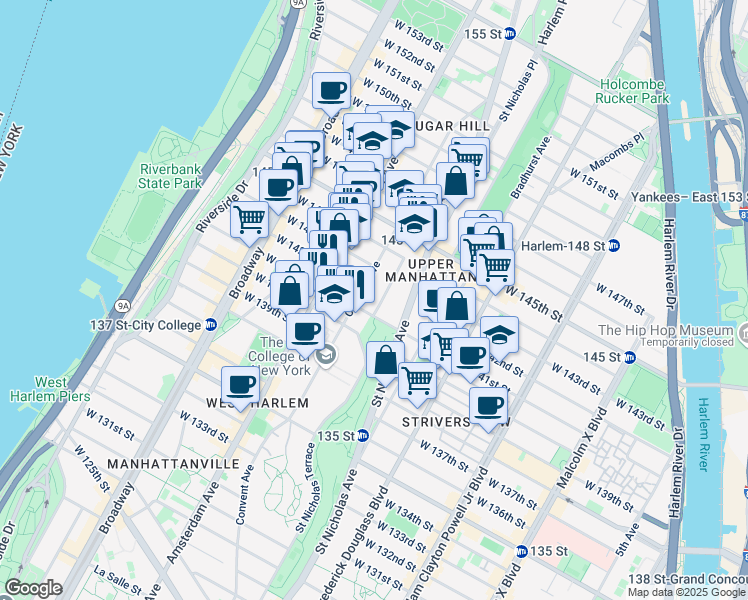 map of restaurants, bars, coffee shops, grocery stores, and more near 18 Hamilton Terrace in New York
