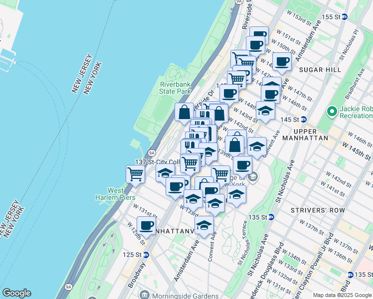 map of restaurants, bars, coffee shops, grocery stores, and more near 611 West 138th Street in New York